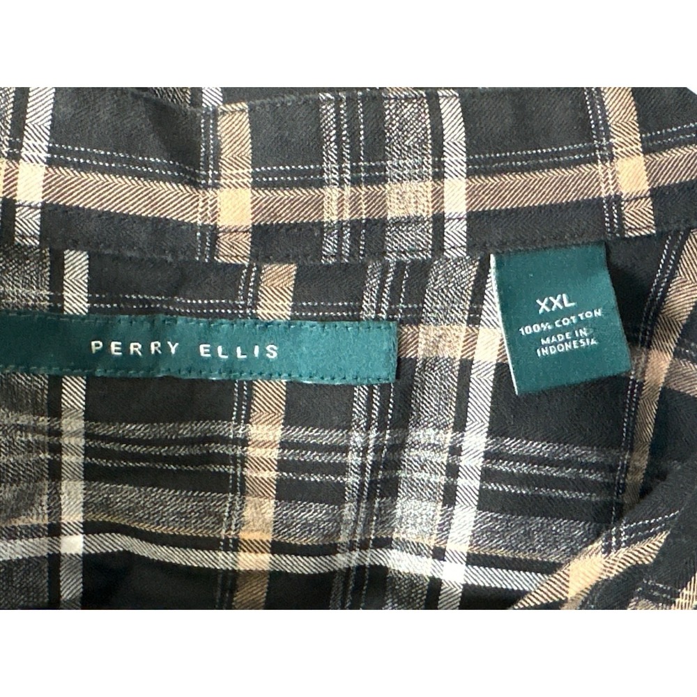Perry Ellis Mens XXL Black & Beige Plaid Long Sleeve Button-Down Cotton Shirt - Picture 2 of 4